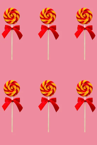 Lollipop Candy Shape Colorful Curls Holiday Sweets Kids Pink Background — Stock Photo, Image