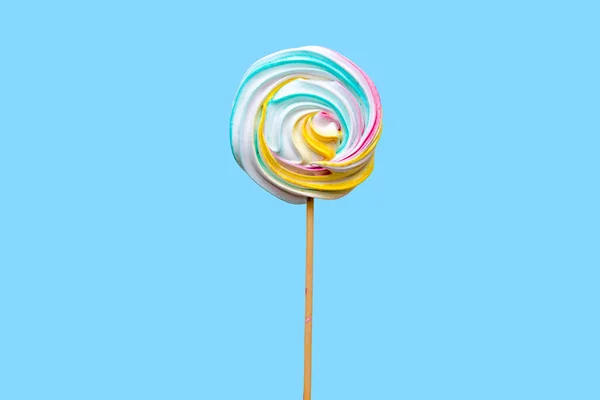 Candy Lollipop Kids Adults Wooden Stick Blue Background Sucking Sweetness — Stock Photo, Image