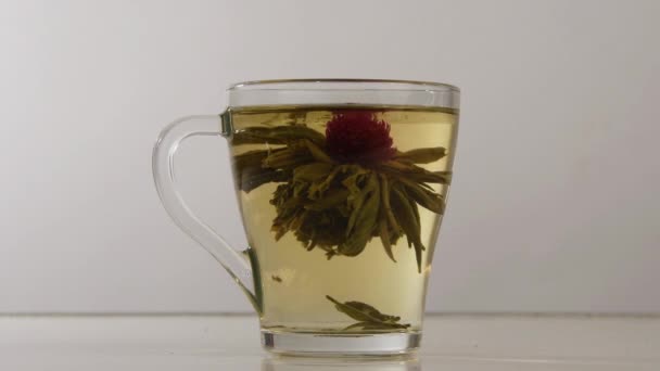 結合された中国の香りのお茶の芽は透明なマグカップで開きます — ストック動画