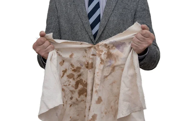 Homme Costume Cravate Déchire Linge Blanc Sale Avec Ses Mains — Photo