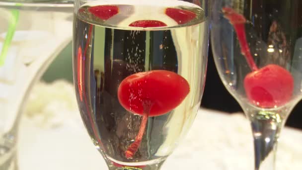 Beautifully Decorated Glasses Champagne Table Red Cherry Wedding Celebration — 비디오