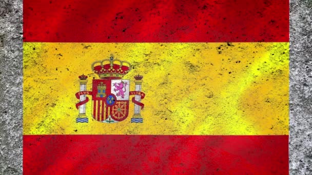 在挂满西班牙国旗的结构混凝土墙上 Covid 混凝土碎裂成碎片 飞扬着碎片 珊瑚感染 — 图库视频影像
