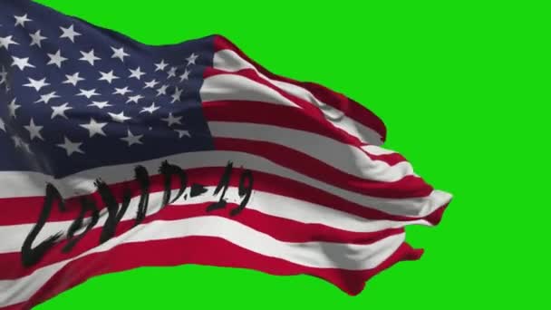 Amerikaanse Vlag Wappert Wind Een Groene Achtergrond Inscriptie Vlag Covid — Stockvideo
