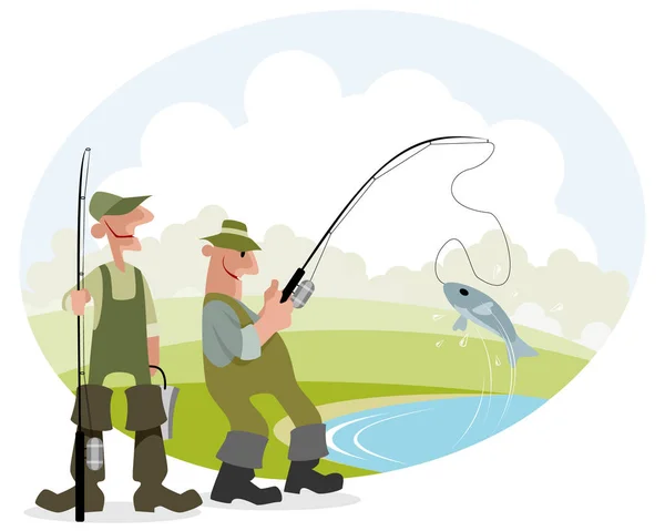 Pescatore cattura pesce — Vettoriale Stock