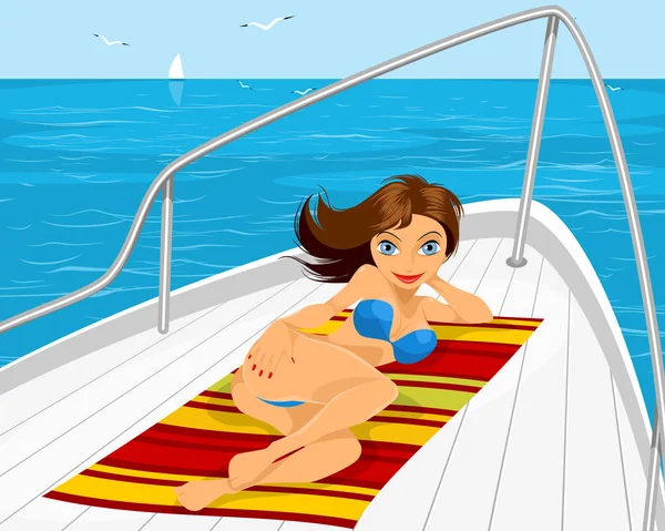 在游艇上晒日光浴的女孩 — 图库矢量图片