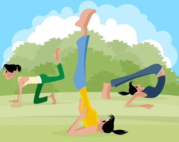 Drei Mädchen praktizieren Yoga — Stockvektor