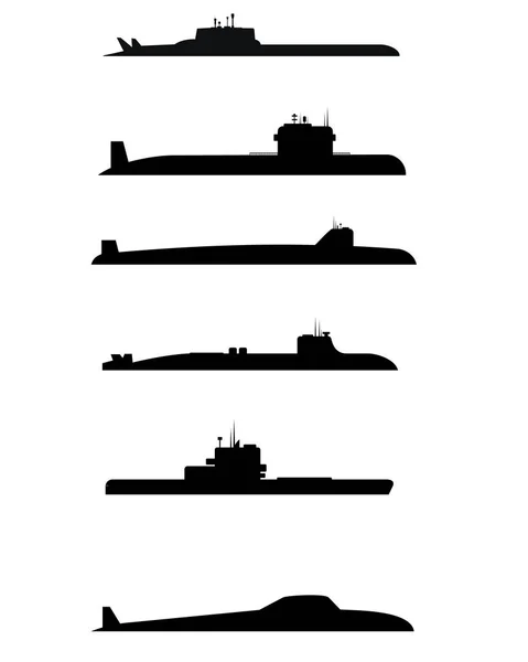 Sześć okrętów podwodnych sylwetki — Wektor stockowy