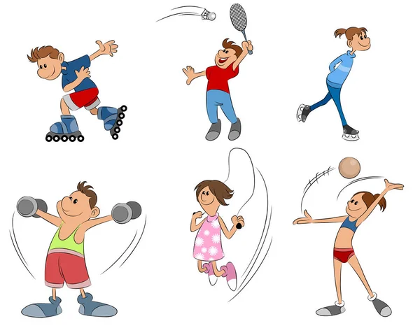 Seis niños practican deporte — Vector de stock