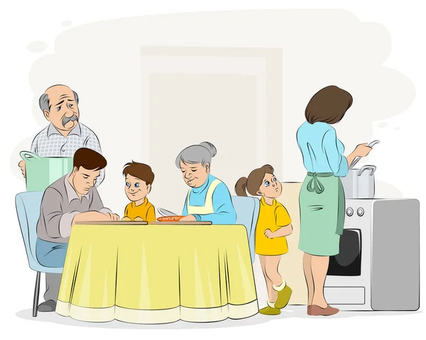 Familia preparando la cena — Vector de stock