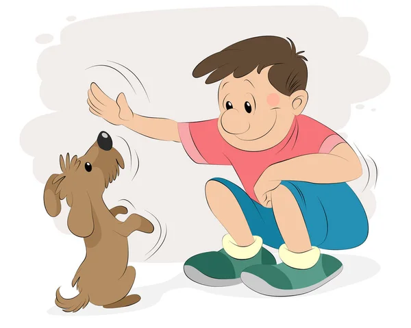 Niño jugando con un perro — Vector de stock