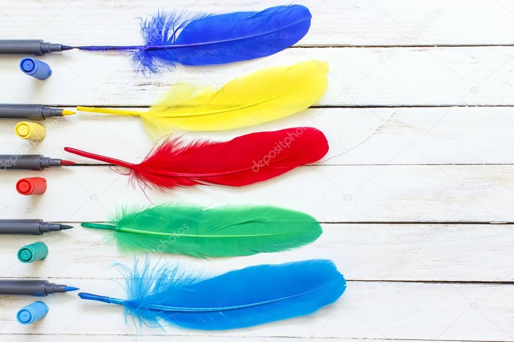 Multicolored markers drawing feathers on a white wooden background