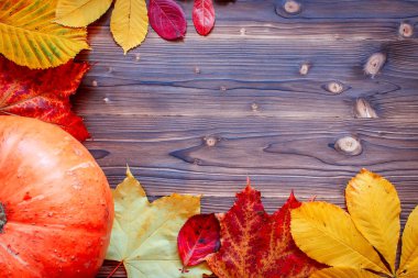 Düşen yapraklar ve meyve eski ahşap masa vintage yer ayarı ile sonbahar kökenli. Şükran günü kavramı