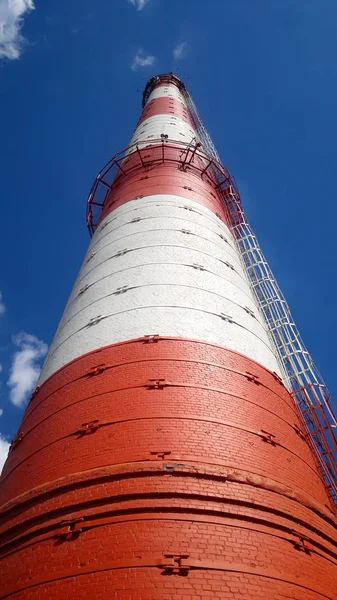 Cheminée rouge-blanche d'une grande plante. Vue du bas. Sur le fond bleu ciel . — Photo