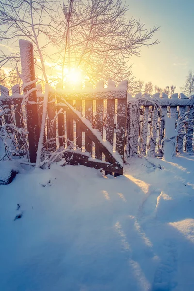 Alter Holzzaun mit Weide. Wintermorgen in einem russischen Dorf. — Stockfoto