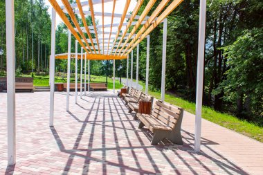 Yazın ıssız bir parkta boş banklar. Kendini izole etme modu. Coronavirüs.