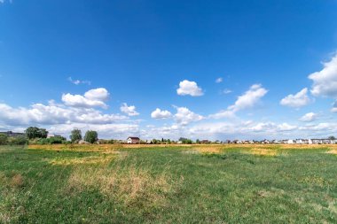 Yeşil çimenli yaz manzarası. Tarla ve bulutlar. Kırsal yaz manzarası