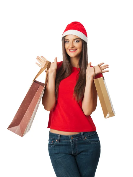 Schönes Mädchen überrascht Preise Weihnachtsverkäufe — Stockfoto