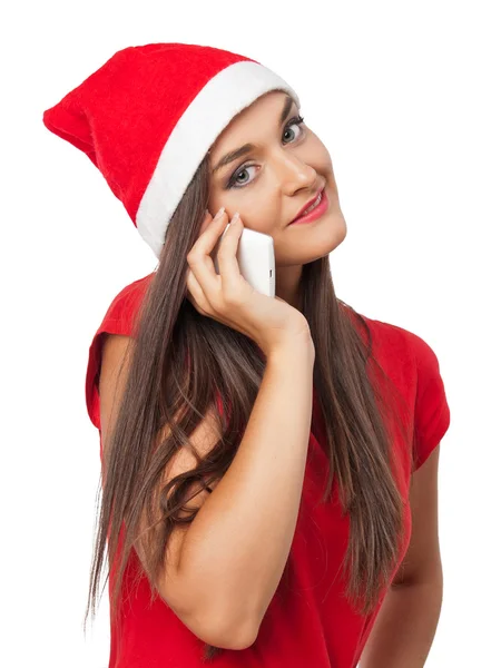 在圣诞老人的助手帽子微笑女人说话通过电话 — 图库照片