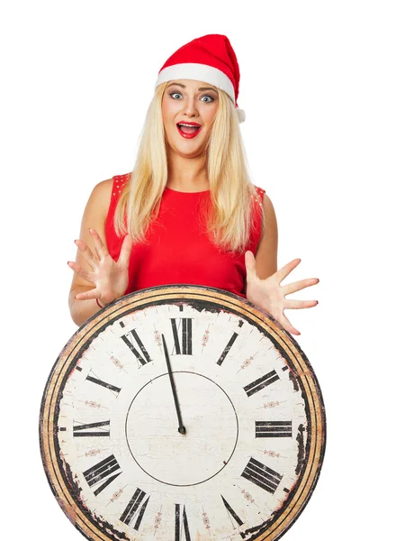 Meisje in een rode jurk en klokken in een Kerstmis pak — Stockfoto