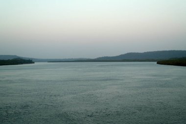 Ufukta orman alanı ile geniş düz nehir 