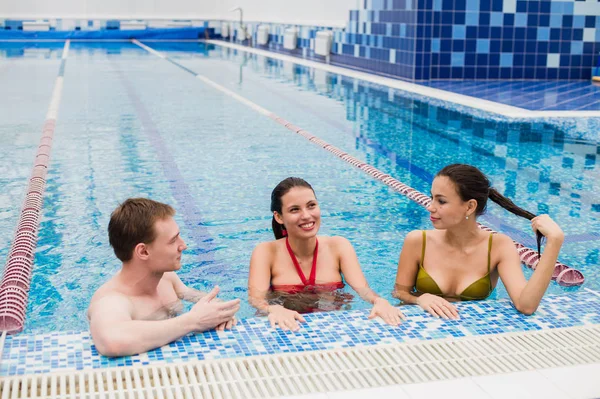 Genç yetişkinler eğleniyor kapalı yüzme havuzunda konuşuyor