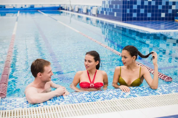 Genç yetişkinler eğleniyor kapalı yüzme havuzunda konuşuyor