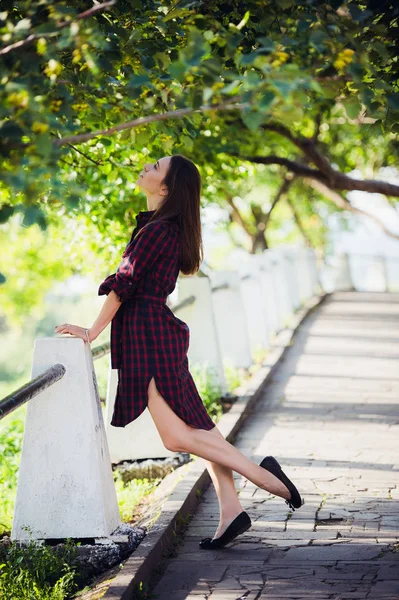 Belle, jolie femme en robe à carreaux décontractée marchant au parc à l'extérieur. Style mode rue . — Photo