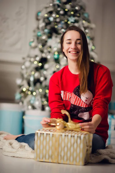 Portrait de belle femme avec cadeau assis près de l'arbre de Noël à la maison — Photo