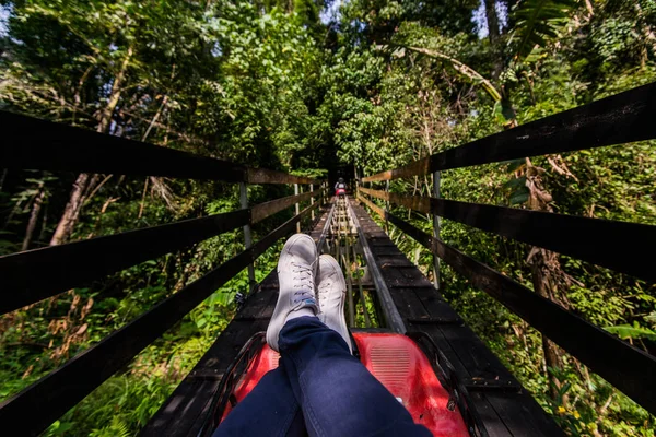 Männerbein sitzt entspannt auf Achterbahn im grünen Waldpark — Stockfoto