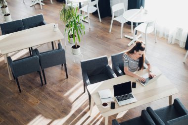 Kafe becerikli alet ile kadınlar. Tablet, dizüstü bilgisayar ve Kahve kupaları. Sosyal ağ profili oluşturma.