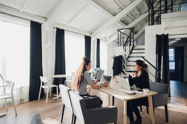 Genç mimar öğrenci tasarım şirketi, coworking Wi-Fi ve dizüstü oturuyor ve çay ile başarılı başlangıç kavramı hakkında konuşmaları sahip iş için röportaj edilmektedir.