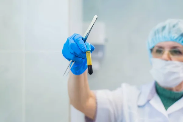 Primer plano de una mujer química de último año estableciendo algunos tubos de muestra de sangre dentro de una centrifugadora para alguna prueba en un laboratorio . — Foto de Stock