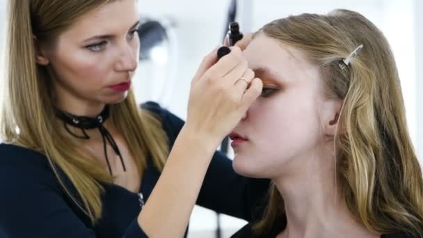 Der Prozess, das Gesicht zu schminken. Puder, Lidschatten, Pinsel zum Auftragen von Make-up. Meistervisage arbeitet mit professionellem Modell. — Stockvideo