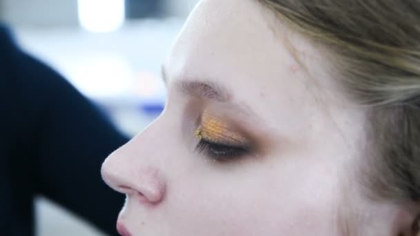 Maquilhadora fazendo maquiagem menina bonita no salão, conceito de beleza e estilo — Vídeo de Stock