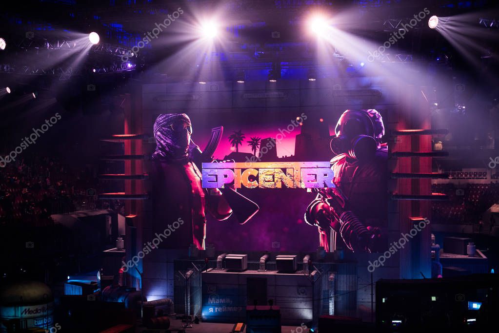 SAINT PETERSBURG, RUSSIA - OCTOBER 28 2017: EPICENTER CSGO cyber sport event. Main venue and the screen with events logo.