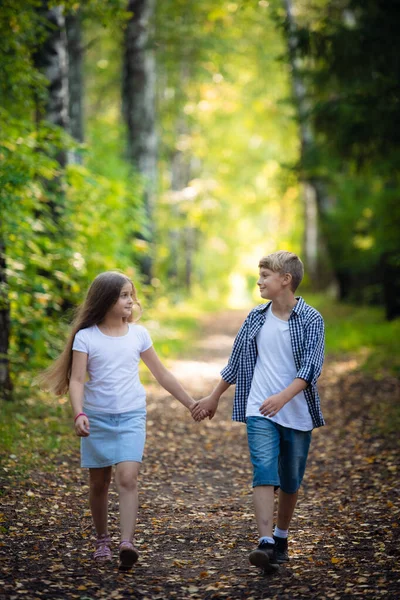 Eerste liefde. Kleine jongen en meisje vasthouden van handen en glimlachend tijdens het wandelen buitenshuis in Park — Stockfoto