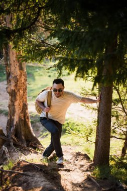 Doğada yürüyüş sırt çantası ile adam portre hiking. Beyaz adam yaz gezisi sırasında mutlu orman arka planda ile gülümseyen