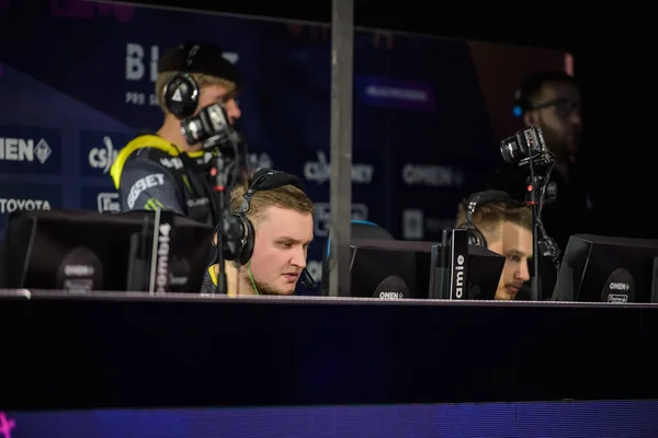 MOSCOW, RUSSIA - 14th SEPTEMBER 2019: esports Counter-Strike: Global Offensive event. Players booth with team NaVi player Flamie inside on a stage. — ストック写真