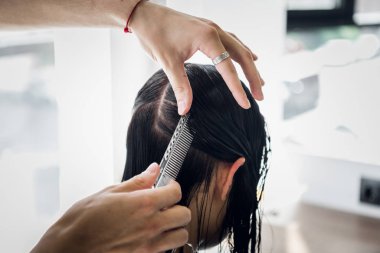 Hairdresser working in hair salon cutting womans hair