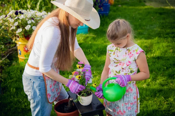 Young girl watering potted flower plant smiling — Stock Photo, Image
