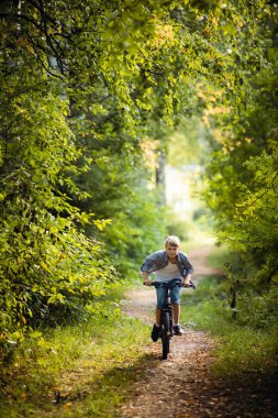 Genç çocuk ormanda bir patika boyunca bisiklet sürüyor. Bisikletçi sıçrama tahtalarından hızla geçiyor..