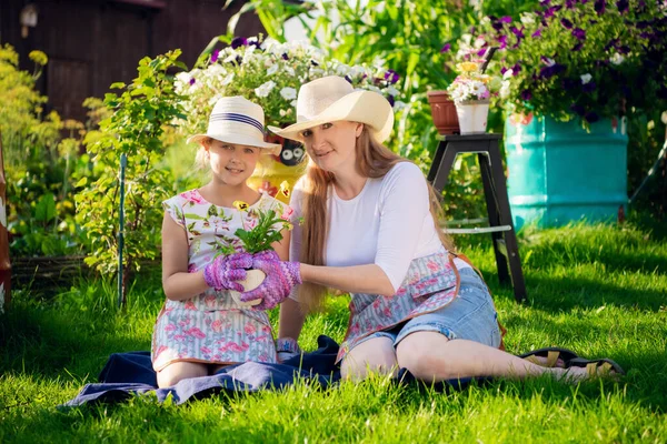 Jardinage, plantation - mère avec sa fille plantant des fleurs dans le pot de fleurs — Photo