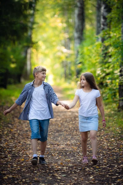 Eerste liefde. Kleine jongen en meisje vasthouden van handen en glimlachend tijdens het wandelen buitenshuis in Park — Stockfoto