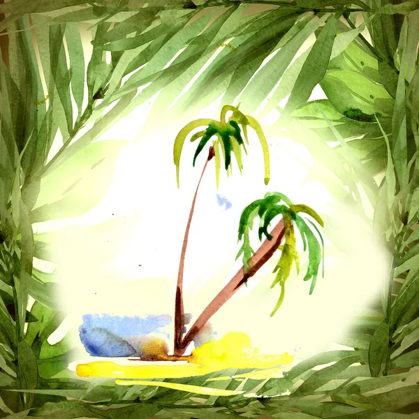 Летние Пальмы Морской Пляж Акварель Иллюстрация Призвание Путешествия Океан Остров Стоковое Фото