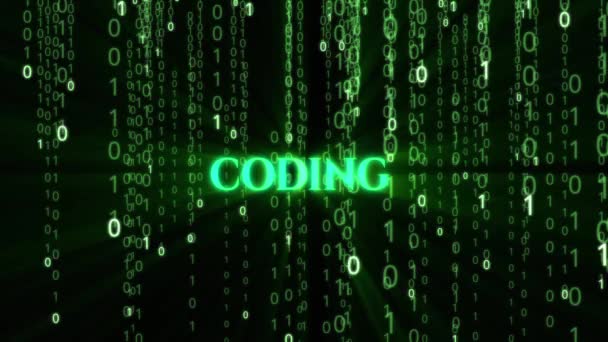 The binary code flying down and the animated inscription "coding". — Stock Video