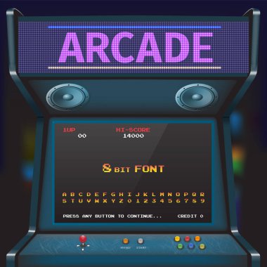 Arcade Video oyunu yazı tipi. 8 bit yazı tipi. Arcade Retro makinesi.