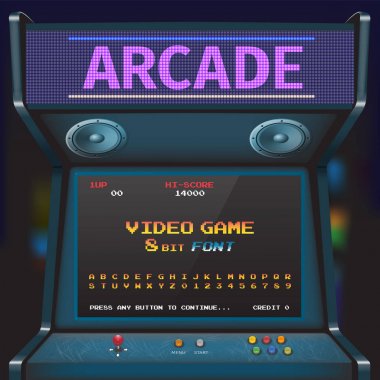 Arcade Video oyunu yazı tipi. 8 bit yazı tipi. Arcade Retro makinesi.
