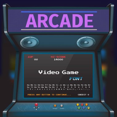 Arcade Video oyunu yazı tipi. 8 bit yazı tipi. Arcade Retro makinesi.