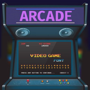 Arcade Video oyunu yazı tipi. 8 bit yazı tipi. Arcade Retro makinesi.