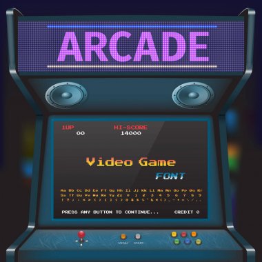Arcade Video oyunu yazı tipi. 8 bit yazı tipi. Arcade Retro makinesi.